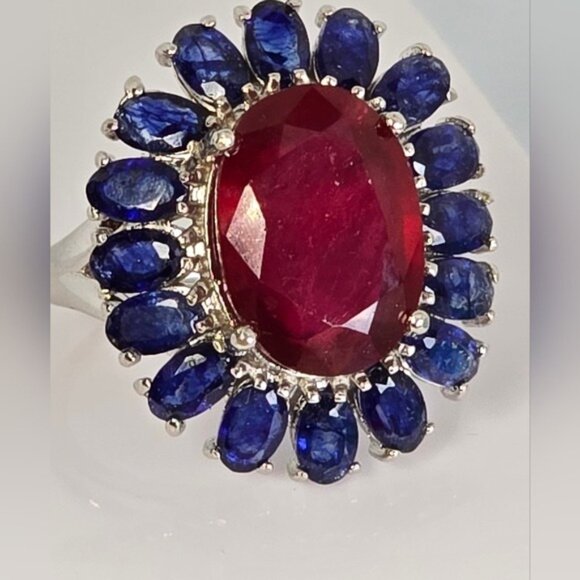 925 Sterling Silver Ring wirh Natural Ruby 10X14mm & Blue Sapphire Gems - Picture 4 of 11